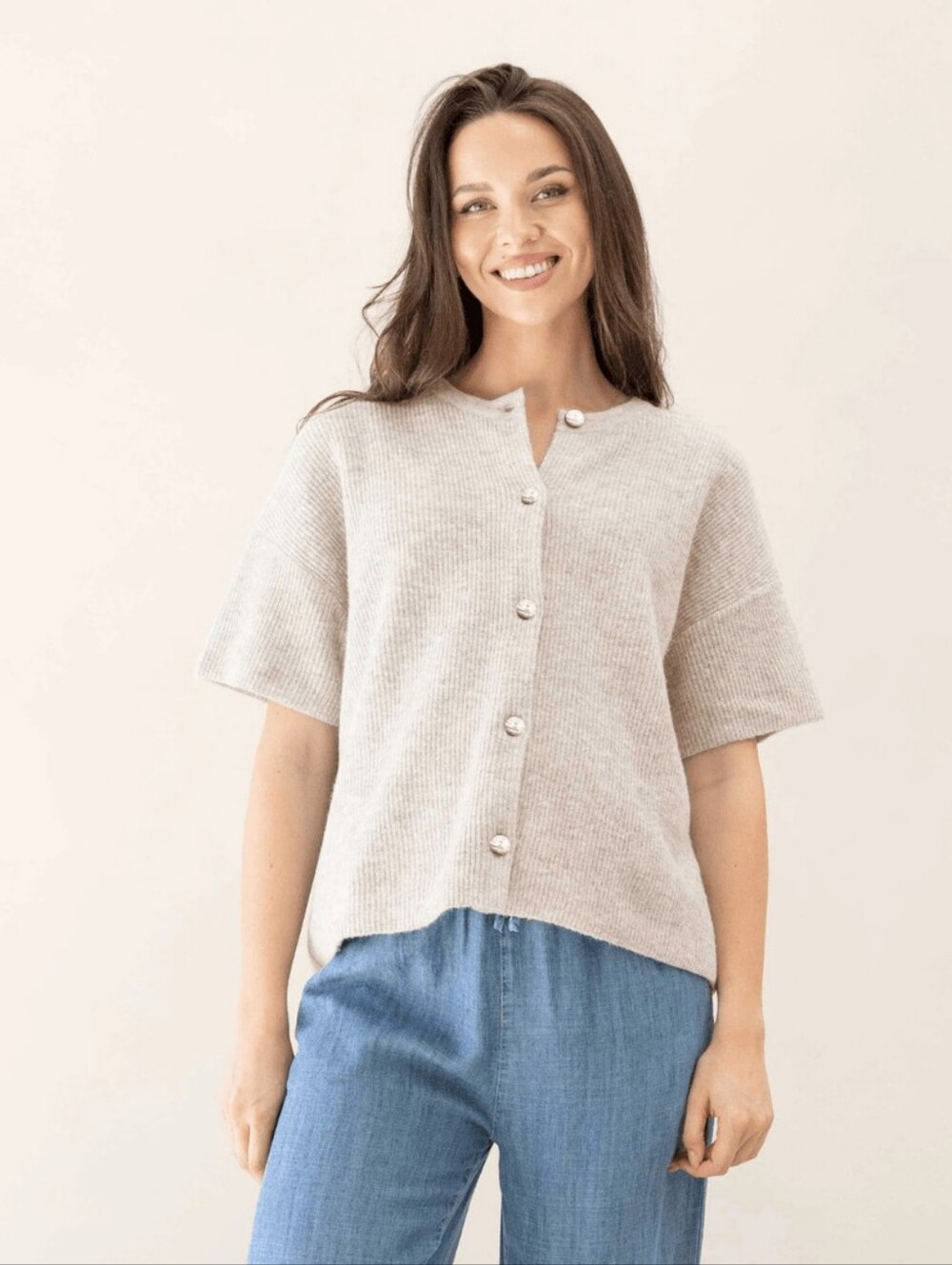 Beige Button-Front Women’s Short Sleeve Sweater Cardigan Plus Size 3X